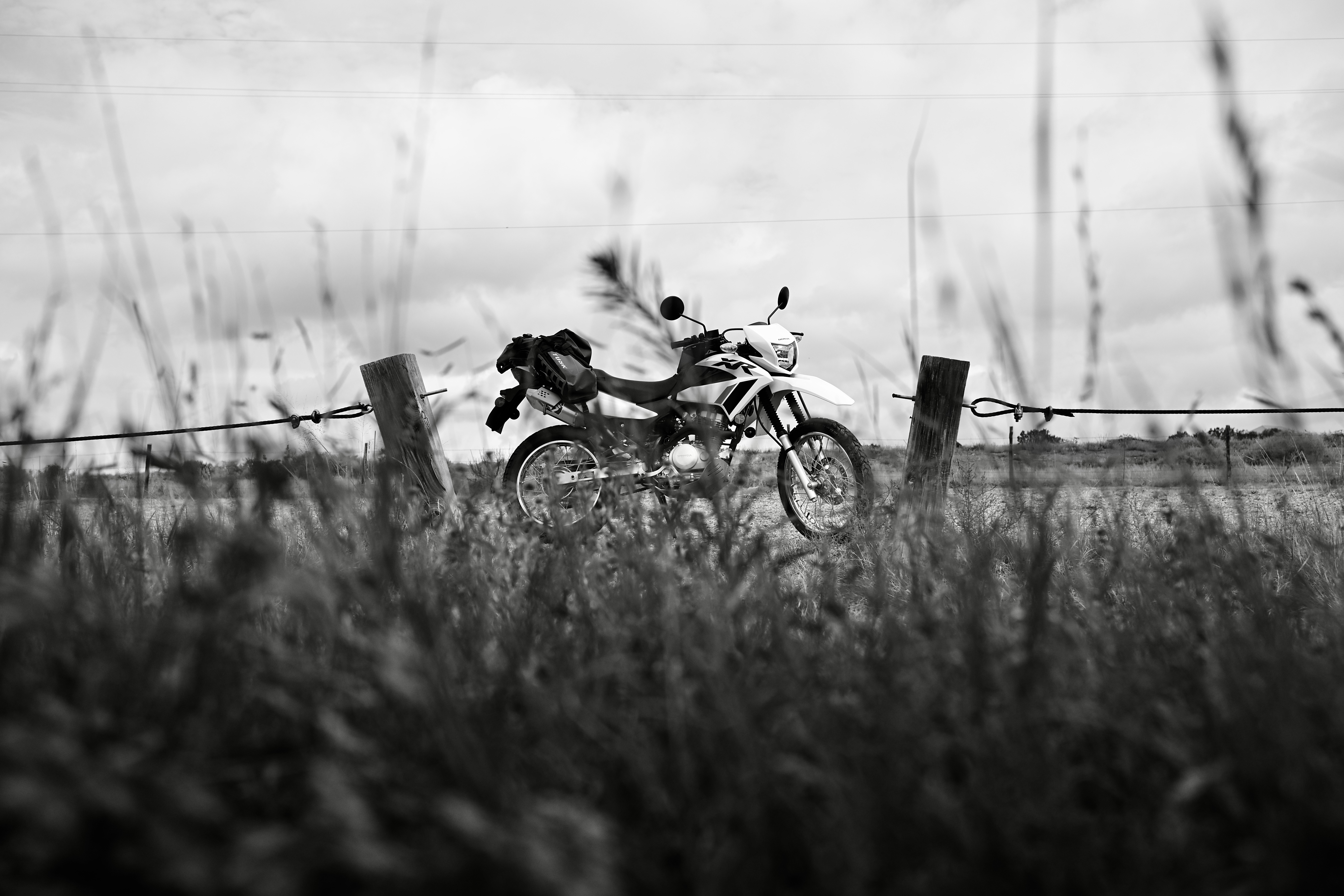 The Honda is a 150cc, four-stroke, single-cylinder dual sport bike with a whopping twelve horsepower. Slow but so much fun.